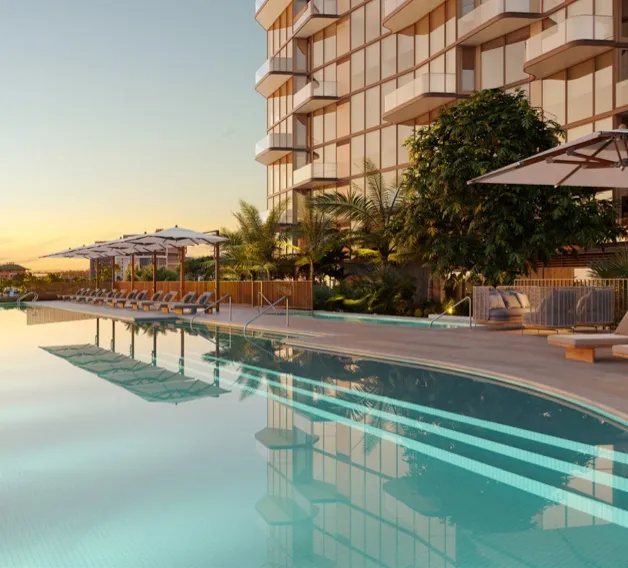 Rendering of the sixth-floor family pool at sunset