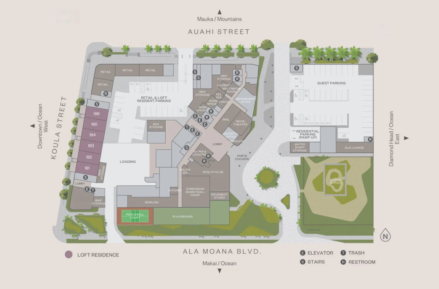 Ground floor: lounge, bowling, gym, pickleball, theater, health club, playground