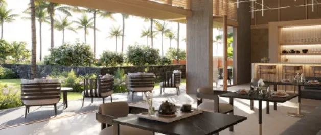 Rendering of the Ālia Lounge opening onto a garden