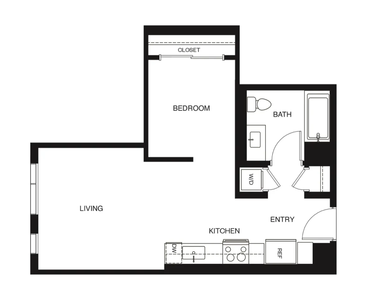 Floor plan of Residence 15: Jr. 1 bed / 1 bath, 463 square feet