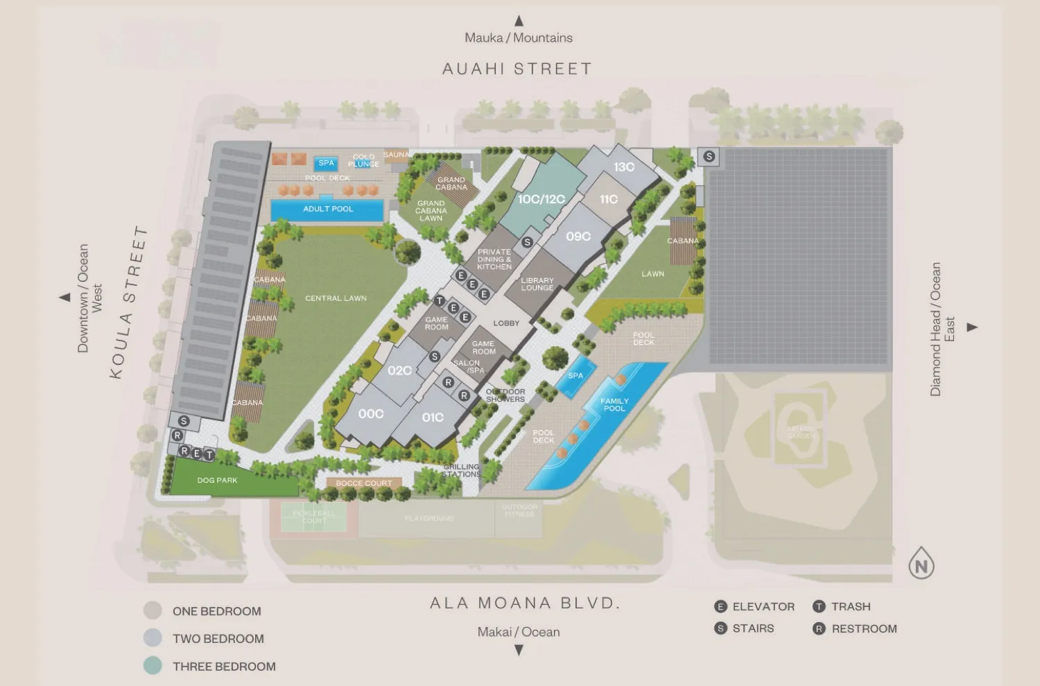 Sixth floor: pools, spas, central lawn, cabanas, dog park, grills, game rooms